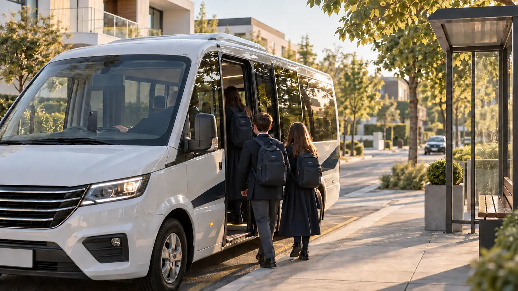 Fëmijët hipin në autobusin e shkollës; pas xhamit të përparmë, telefoni i shoferit me Dijën